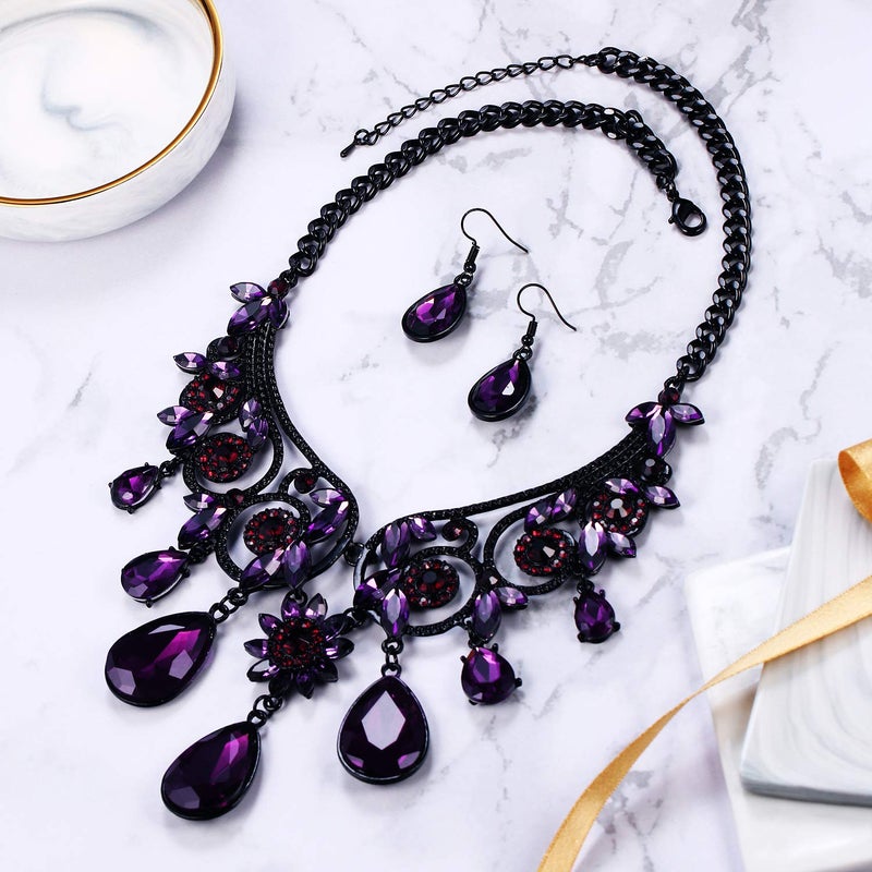 BriLove Women's Tribal Ethnic Crystal Chunky Statement Necklace Dangle Earrings Set Purple Black-Tone - Image 5